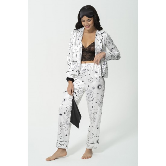 For You Sleepwear 6 Pcs Crescent and Star Pattern Ecru Satin Pajamas Set