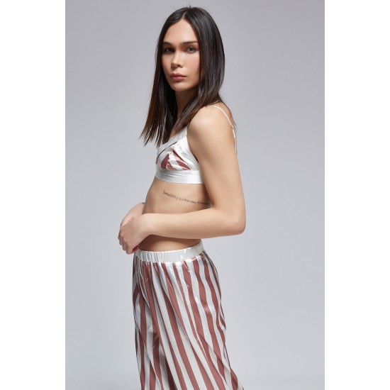 For You Moda Women's 3-Piece Brown Striped Bustier Satin Pajamas Set