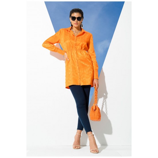 For You Woman Satin Jacquard Padded Orange Shirt