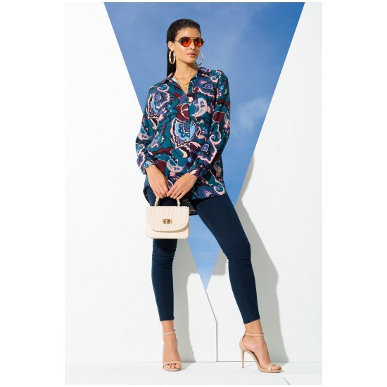 For You Woman Green Ethnic Pattern Viscose Shirt