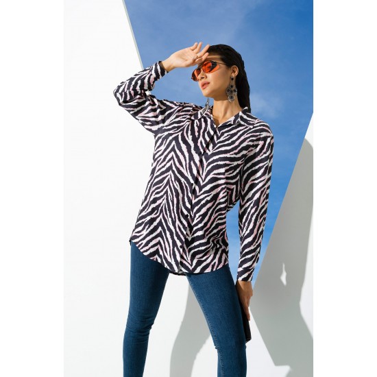 For You Woman Zebra Pattern Pink Long Woven Shirt