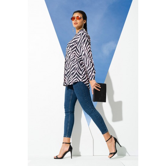 For You Woman Zebra Pattern Pink Long Woven Shirt