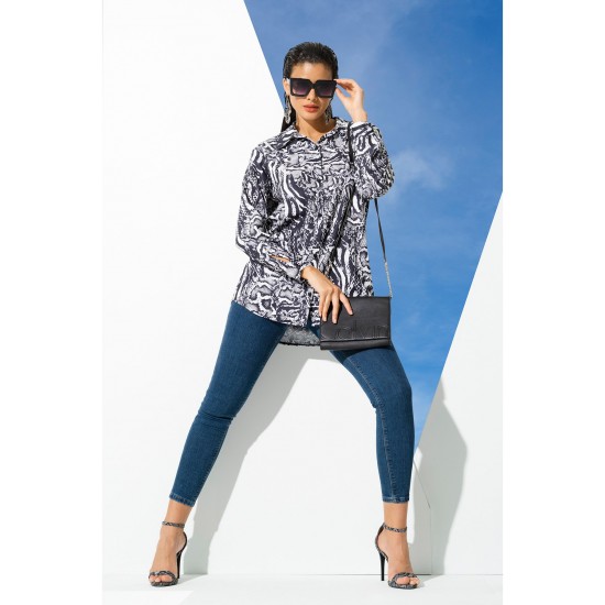 For You Woman Snake Pattern Black Long Woven Shirt