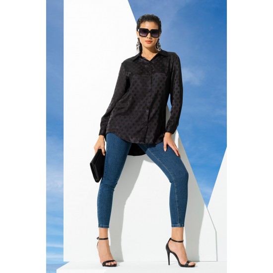 For You Woman Black Jacquard Polka Dot Satin Shirt