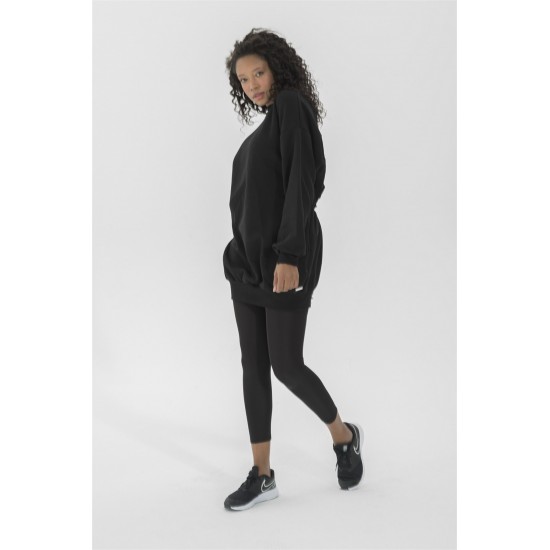 For You Moda Women's Waist Pleated Back Detailed Black Sweatshirt