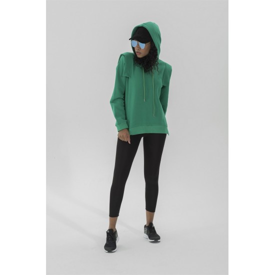 For You Moda Women's Hooded Epaulette Green Sweatshirt