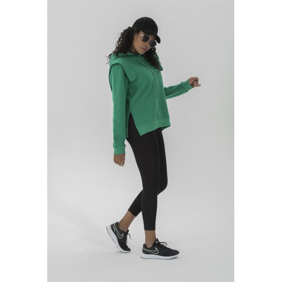 For You Moda Women's Hooded Epaulette Green Sweatshirt