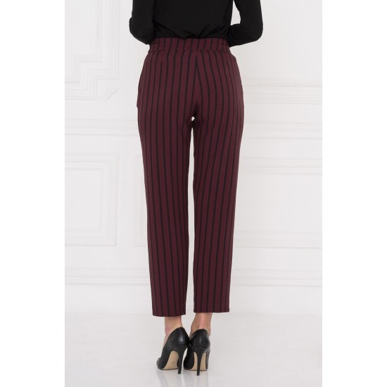 For You Moda Women's Pockets Side Zipper Claret Red Striped Trousers