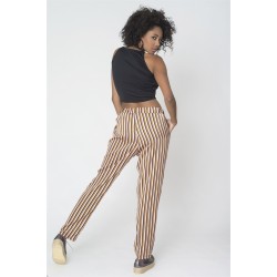 For You Moda Women's Pleated Pockets Mustard-White Striped Trousers